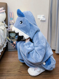 Cute Shark Coral Velvet Pajamas Women's Winter Net Red Wind Plus Size Thickened Hooded Tracksuit Jumpsuit Suit Winter