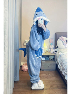 Cute Shark Coral Velvet Pajamas Women's Winter Net Red Wind Plus Size Thickened Hooded Tracksuit Jumpsuit Suit Winter