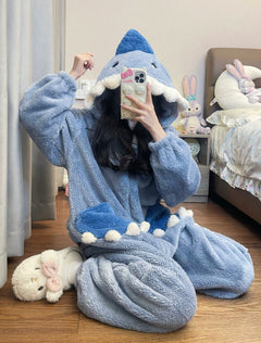 Cute Shark Coral Velvet Pajamas Women's Winter Net Red Wind Plus Size Thickened Hooded Tracksuit Jumpsuit Suit Winter