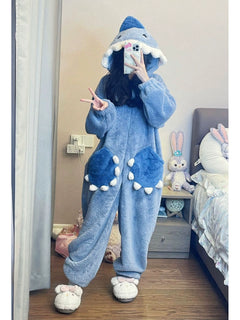 Cute Shark Coral Velvet Pajamas Women's Winter Net Red Wind Plus Size Thickened Hooded Tracksuit Jumpsuit Suit Winter