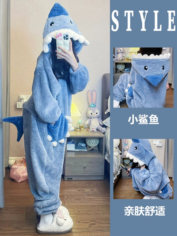 Cute Shark Coral Velvet Pajamas Women's Winter Net Red Wind Plus Size Thickened Hooded Tracksuit Jumpsuit Suit Winter