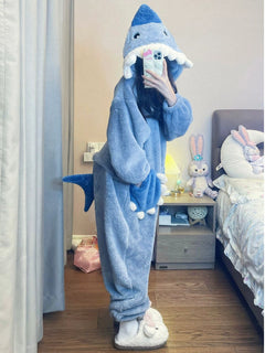 Cute Shark Coral Velvet Pajamas Women's Winter Net Red Wind Plus Size Thickened Hooded Tracksuit Jumpsuit Suit Winter