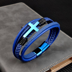 Men's Genuine Leather Chakra Cross Bracelet